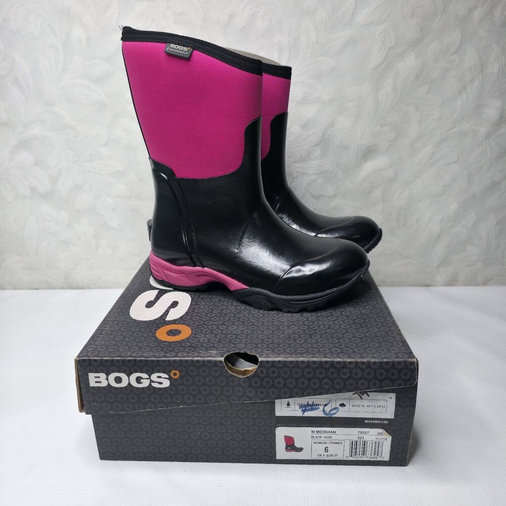NEW Bogs Meridian Women’s Waterproof Rain Boots Pull-On Pink Black Outdoor Sz 6